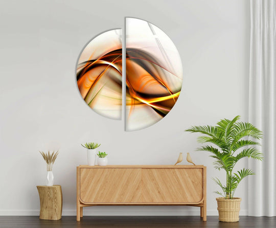 Highlighting the abstract quality, a two-piece half circle glass wall art featuring a modern design offers artistic hanging wall art for stylish interior decoration.