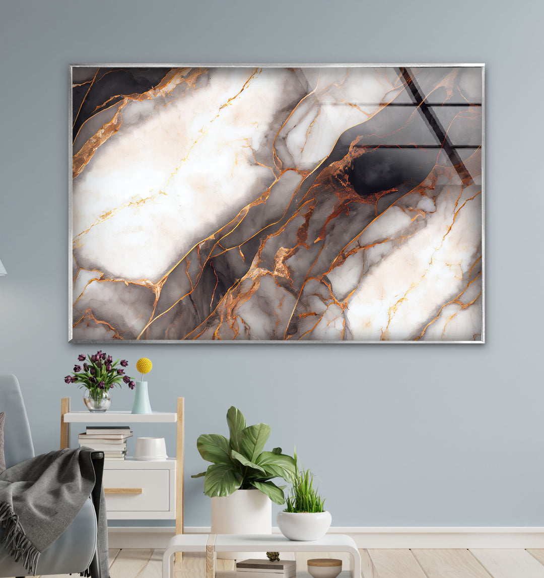 White Marble with Copper Veins Glass Wall Art