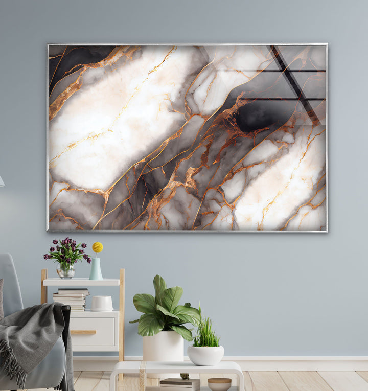 White Marble with Copper Veins Glass Wall Art