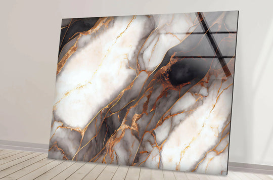 Abstract decorative wall art featuring flowing white marble textures with contrasting dark gray areas and striking copper veins creating a sense of expansive negative space.