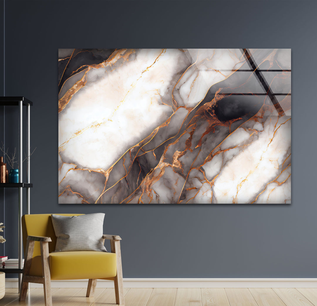 White Marble with Copper Veins Glass Wall Art