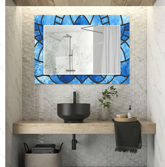 The large wall mirror has a navy blue stained glass design and is a decorative mirror and elegant stained wall mirrors perfect for home decor