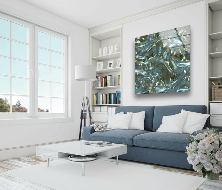 Glänzende blaue Wellen Glaswandkunst