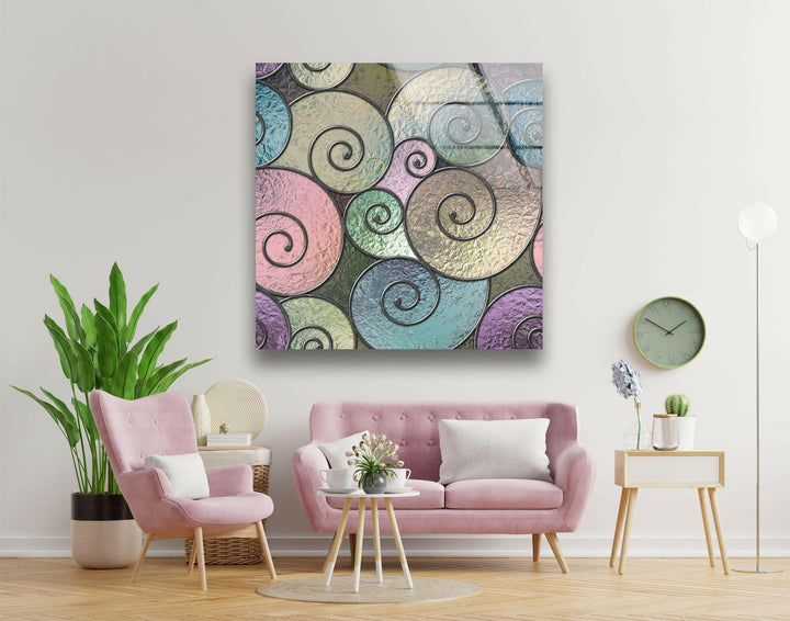 Stained Geometric Spirals Tempered Glass Wall Art