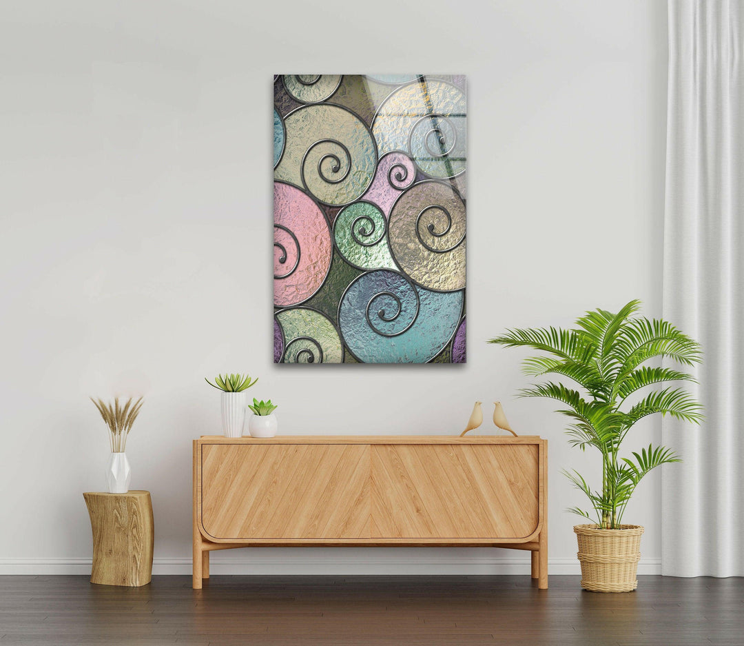 Stained Geometric Spirals Glass Wall Art