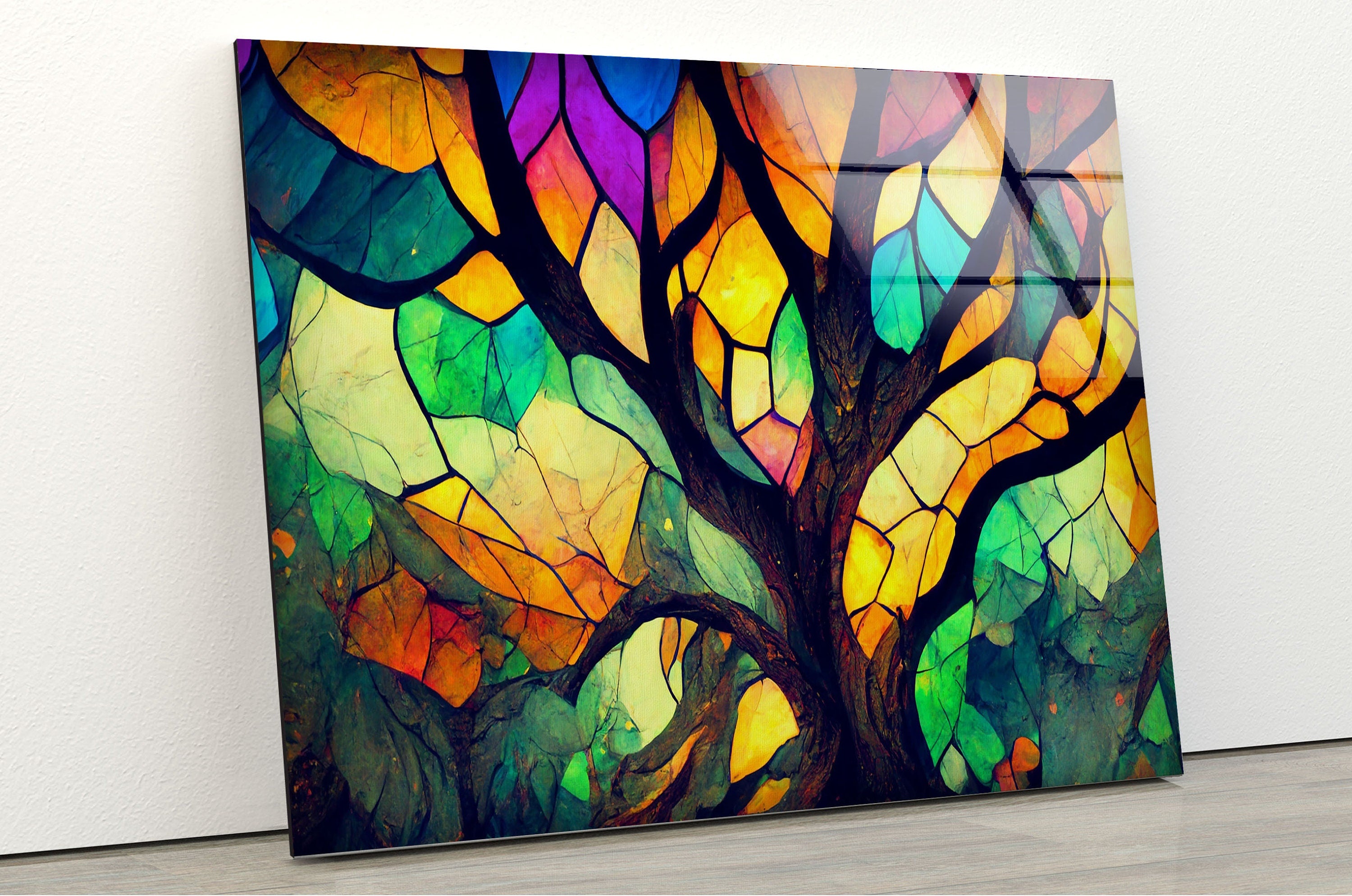 Stained Life of Tree Decor Tempered Glass Wall Art