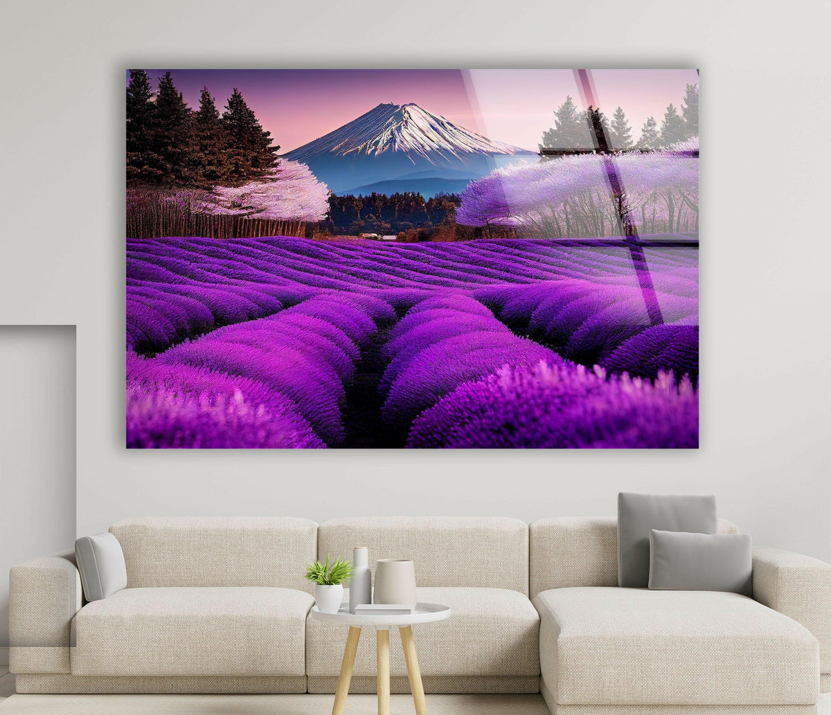 Transitioning from deep violet lavender fields to the rosy sky, this glass wall art creates serene home decor with a scenic mountain view.