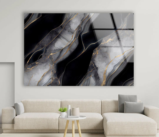 Dominant black and gold tones highlight this luxury glass wall artwork featuring abstract onyx patterns and wavy veins.