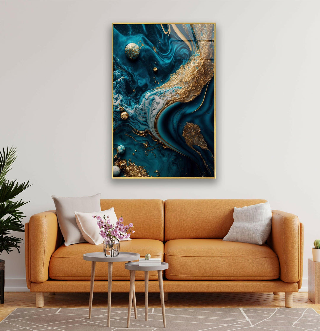 Gold with Blue Alcohol ink Glass Wall Art, photo print on glass, prints on glass wall art