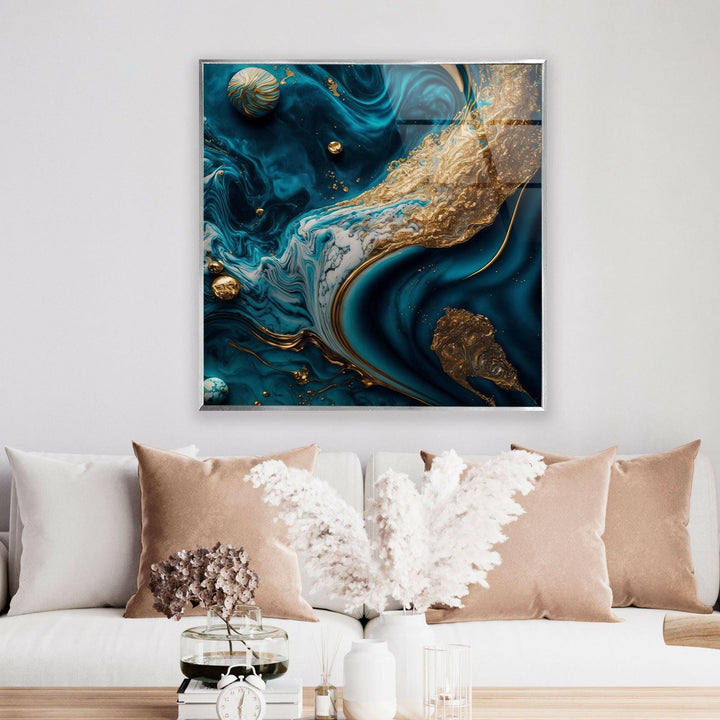 Gold with Blue Alcohol ink Glass Wall Art, glass pictures for Wall, glass prints wall art