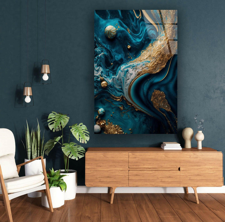Gold with Blue Alcohol ink Glass Wall Art, glass art painting, glass art for the Wall