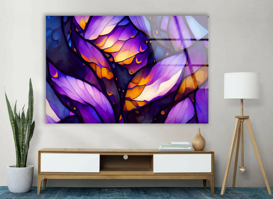This purple stained glass wall art creates depth and layers with its abstract patterns and translucent effects, offering a vibrant visual experience for your home decor.