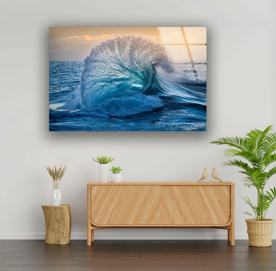 The horizontal Big Ocean Wave glass wall art features an ocean wave motif and 8K UV printing and is ocean dynamic beauty and serene coastal vibes as landscape art
