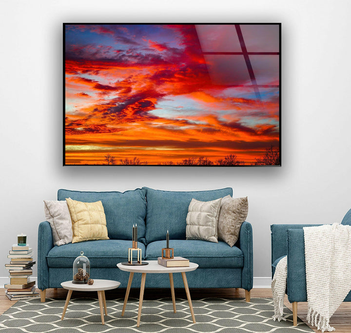 An artistic display of nature’s beauty with a fiery sunset, perfect for wall decor.
