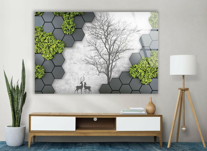 Elegant glass wall art featuring a tree, deer, and geometric hexagonal structures.
