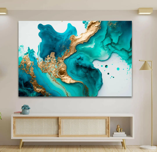 Abstract glass wall artwork captures the softest element in swirling mint and teal inks with shimmering gold accents.