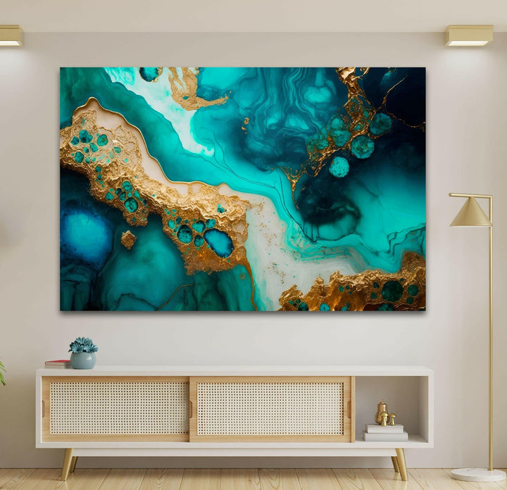 Vivid Cyan Mint Alcohol ink Tempered Glass Wall Art