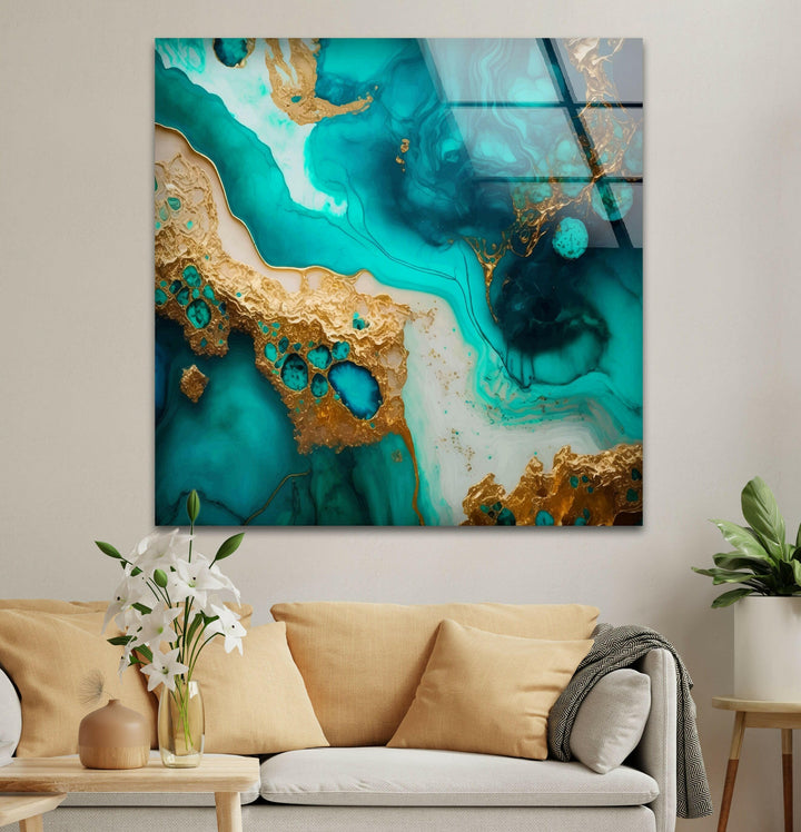 Leuchtende Cyan-Mint-Alkoholtinte Glaswandkunst