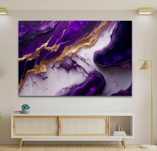 Abstract glass wall artwork features swirling purple and white textures with metallic gold veins and subtle raised gold dots.
