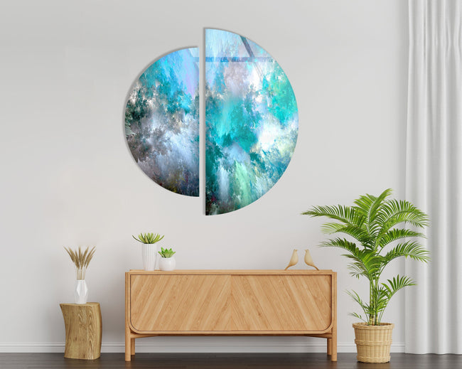 Two Piece Round Blue Abstract Tempered Glass Wall Art