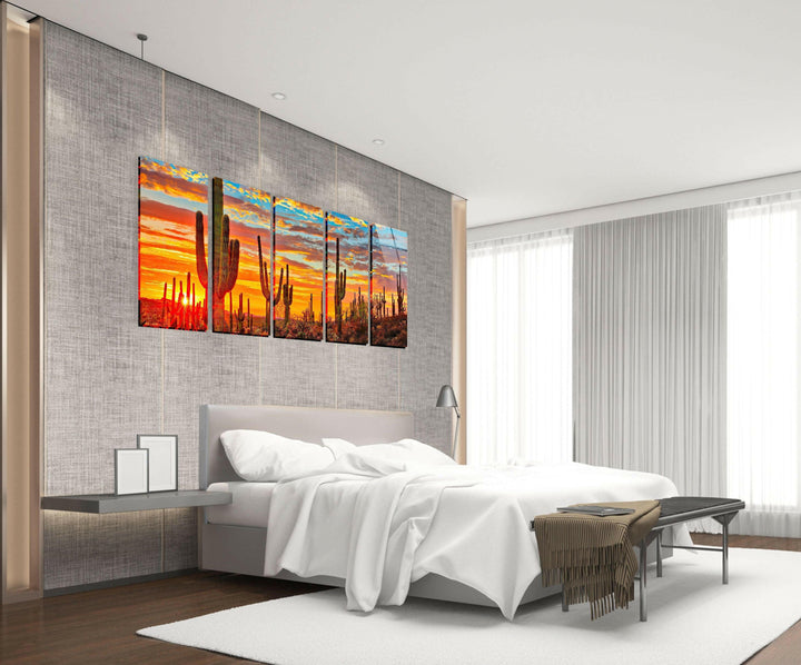 Sunset at Sonoran Desert, Cactus Glass Wall Art, glass art painting, glass art for the Wall