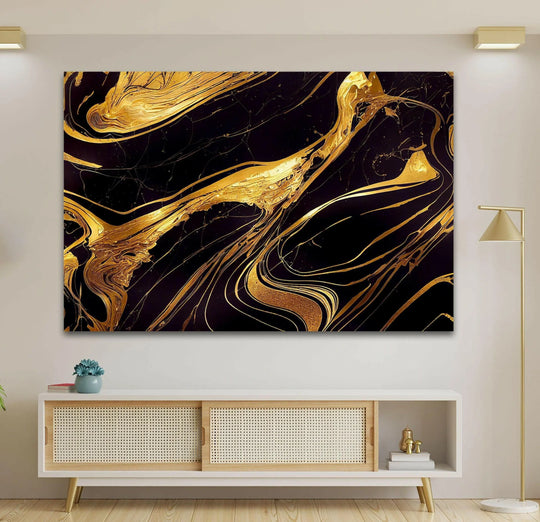 Dark, swirling obsidian depths of abstract glass wall art accented by shimmering gold ink veins.