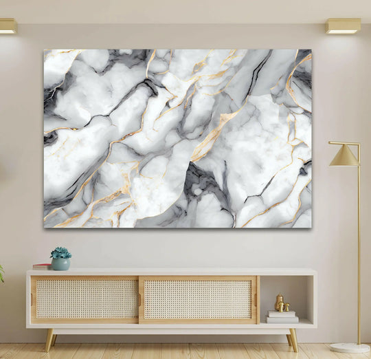 Subtle interplay of light and shadow enhances the white marble with gray veins abstract glass wall art.