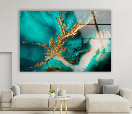 Turquoise and gold abstract glass wall art showcasing a unique modern wall decor transition between vibrant teal and soft white hues.