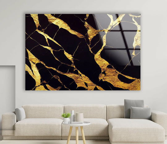 A rich black glass wall art piece with shimmering golden marbling textures creating a sense of deep, layered luxury, perfect for unique modern wall decor.