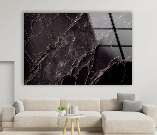Intricate veining in this black marble print wall art creates a striking visual rhythm across the abstract glass art.