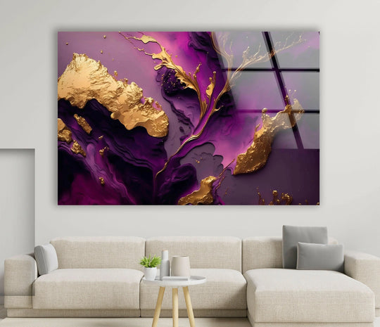 Soft, flowing violet hues swirl and blend in this captivating abstract glass art painting accented with shimmering golden drips.
