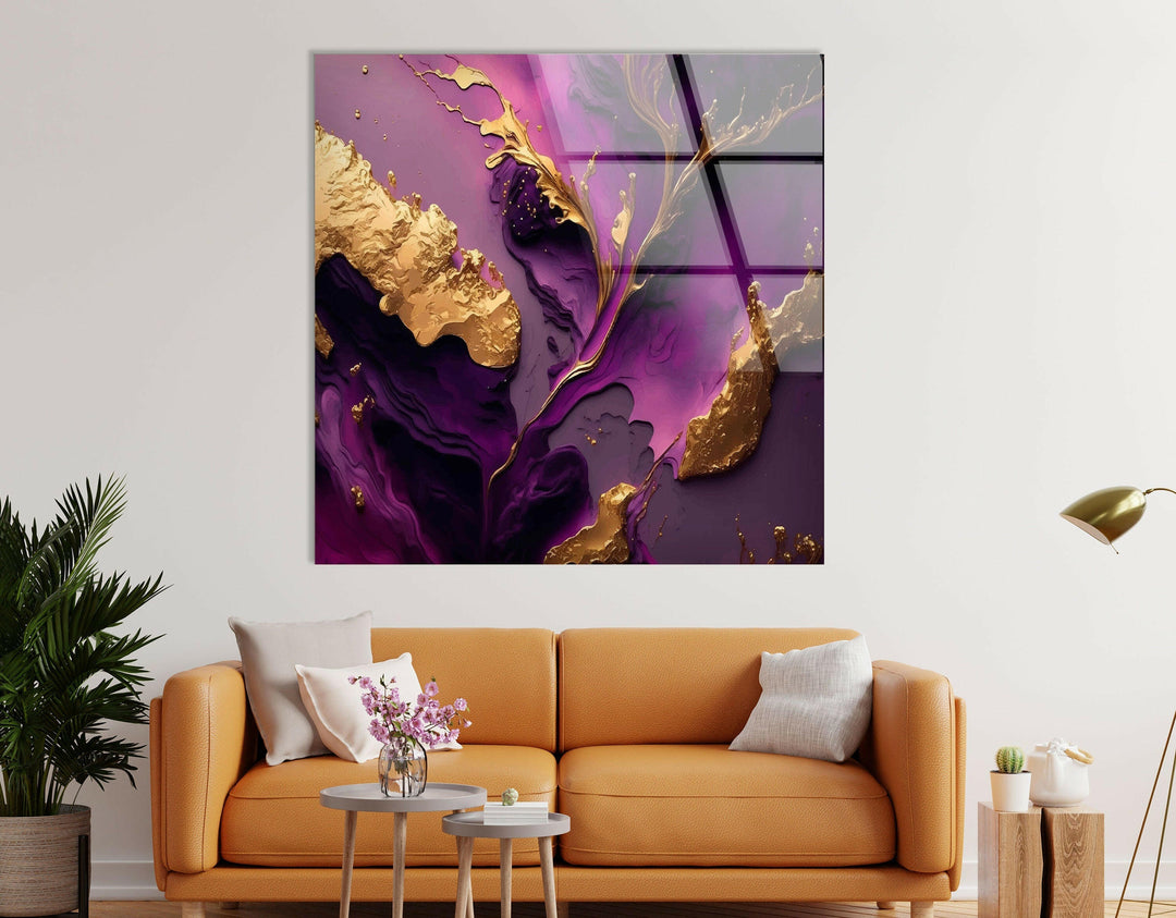 Violet Liquid With Golden Stains Glass Wall Art