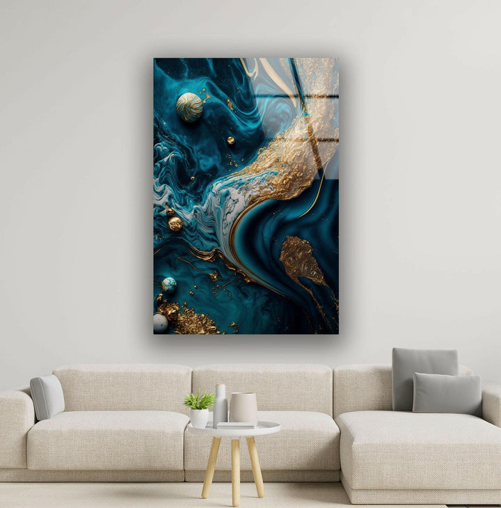Gold with Blue Alcohol ink Glass Wall Art, Tempered Glass Wall Art, Glass Printing Wall Art