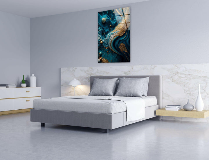 Gold with Blue Alcohol ink Glass Wall Art, Glass Printing Wall Art, Print photos on glass