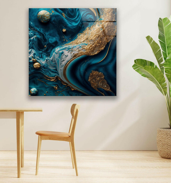 Gold with Blue Alcohol ink Glass Wall Art, stained glass wall art, stained glass wall decor