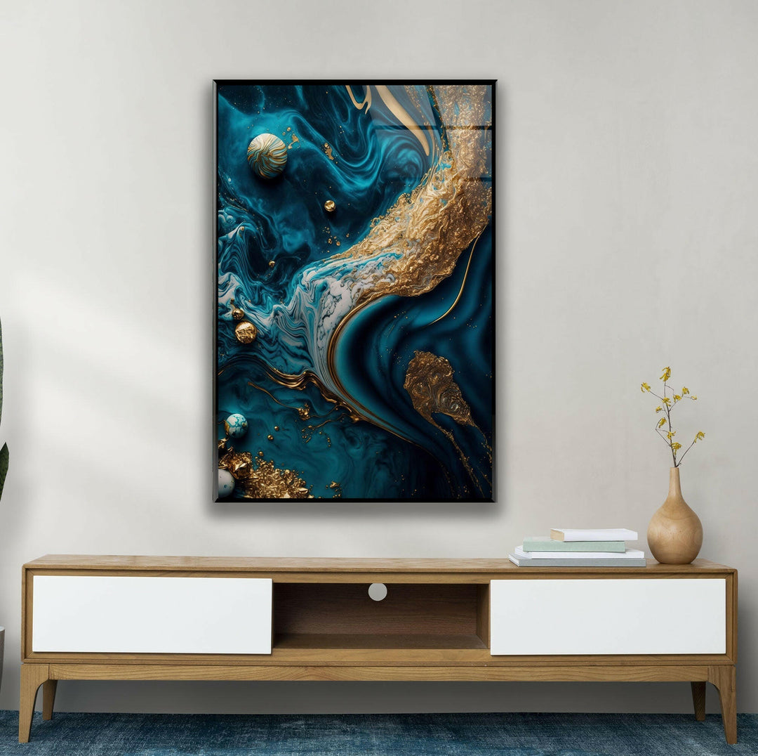 Gold with Blue Alcohol ink Glass Wall Art, print picture on glass,Tempered Glass Wall Art