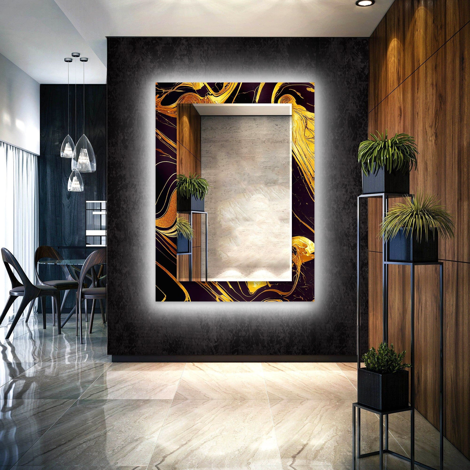 Abstract Tempered Glass Wall Mirror