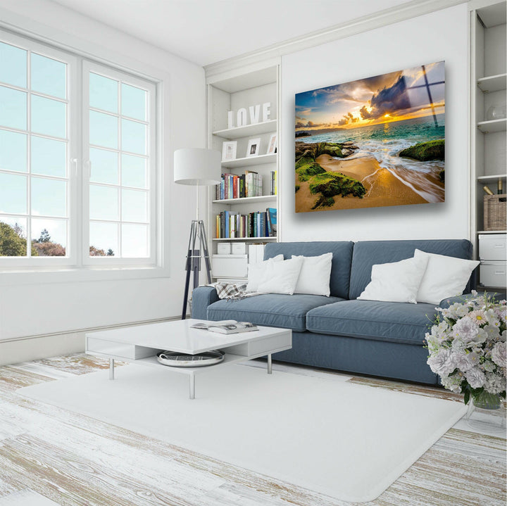 Coastal scenery with a radiant sunset, ideal for modern and nature-inspired decor.
