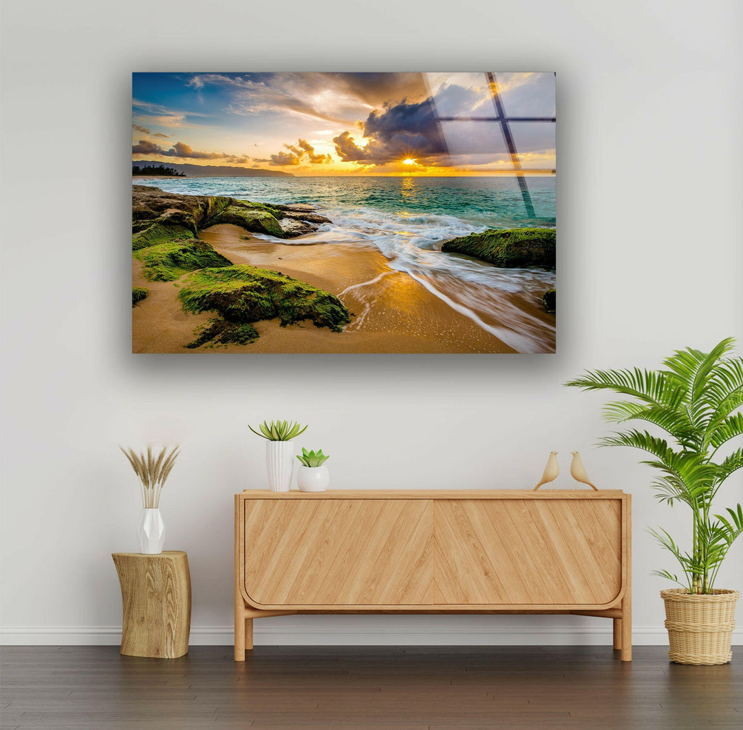 Sunset over a scenic beach landscape, creating a tranquil and relaxing atmosphere.
