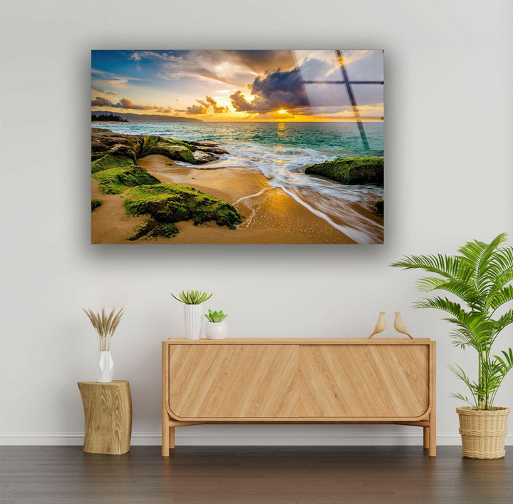 Sunset over a scenic beach landscape, creating a tranquil and relaxing atmosphere.
