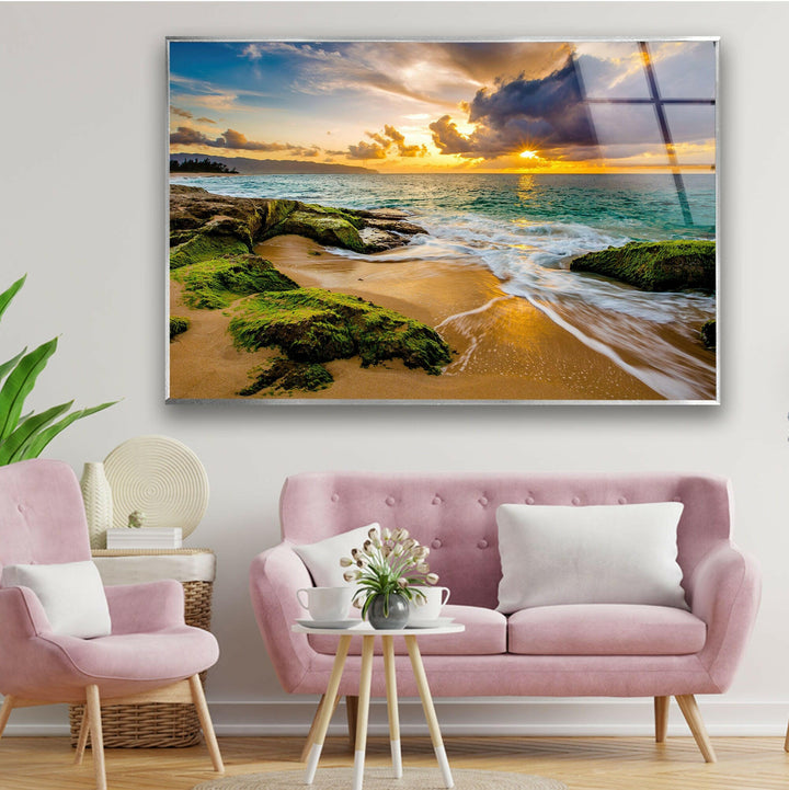 Vibrant seascape wall art, showcasing a stunning rocky beach at sunset.
