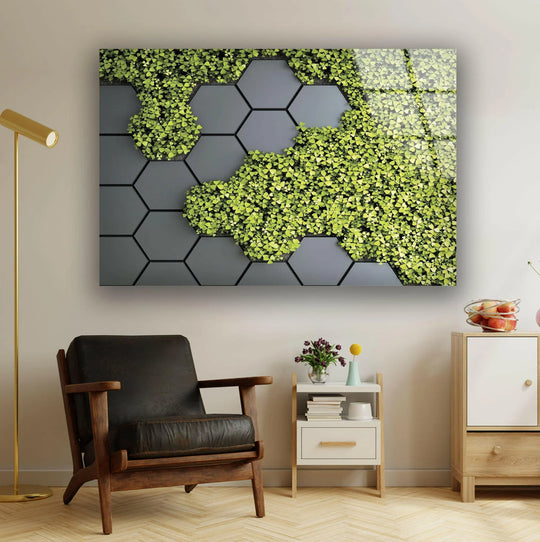 Stained glass wall art with hexagon and green leaves pattern and stained glass artwork plus geometric leaf home decor