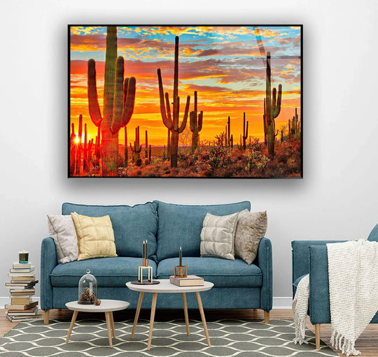 Landscape glass wall art desert sunset with saguaros and sunset artwork plus orange color landscape on a white wall