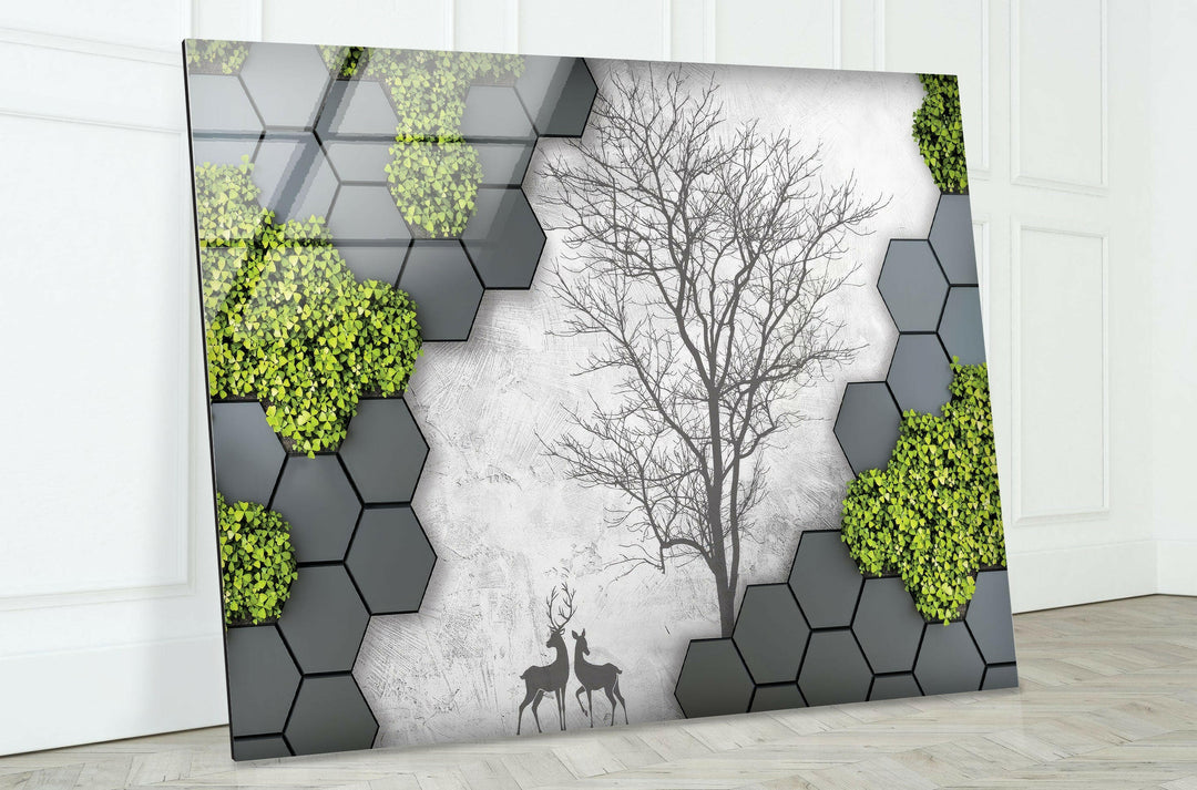 Unique glass wall art combining abstract hexagonal shapes with natural elements.
