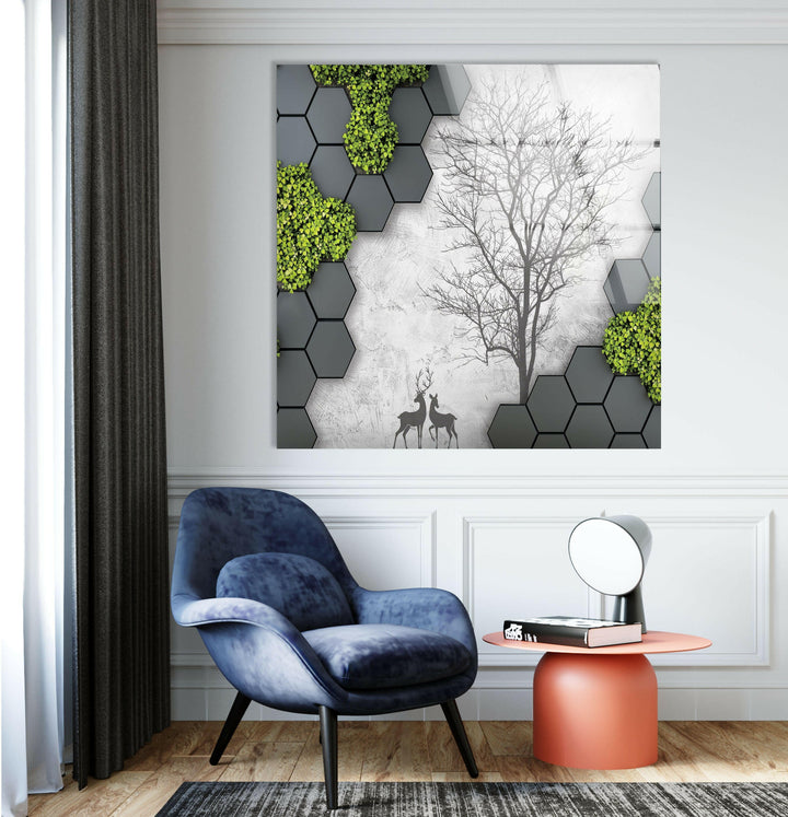 Nature meets modernity in this geometric glass wall art with deer and foliage.
