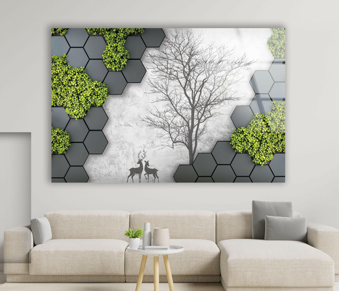 Modern nature-inspired glass wall art with a hexagonal design and deer figures.
