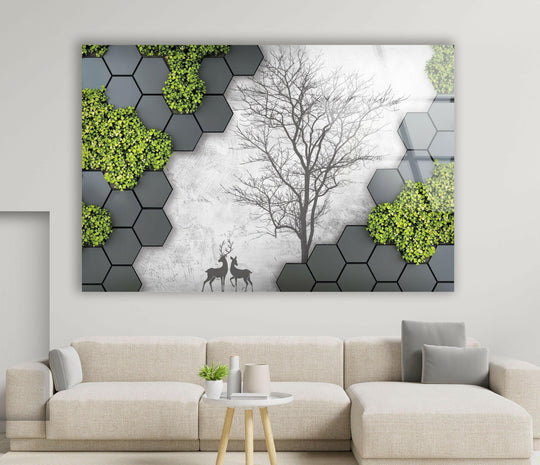 Animated by glass printing, a modern nature harmony art piece presents a geometric design with lush greenery, infusing the wildlife elements with subtle motion.