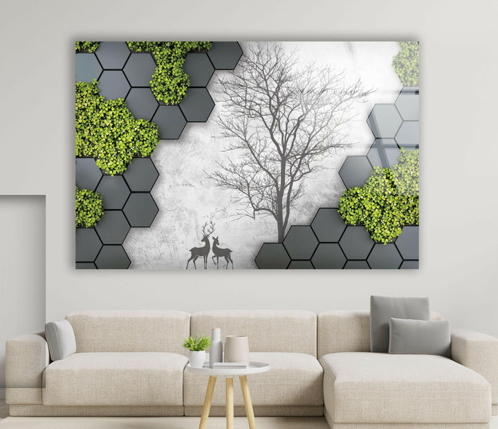 Modern nature-inspired glass wall art with a hexagonal design and deer figures.
