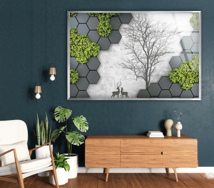 Contemporary geometric wall décor with black hexagons, greenery, and a minimalist tree.

