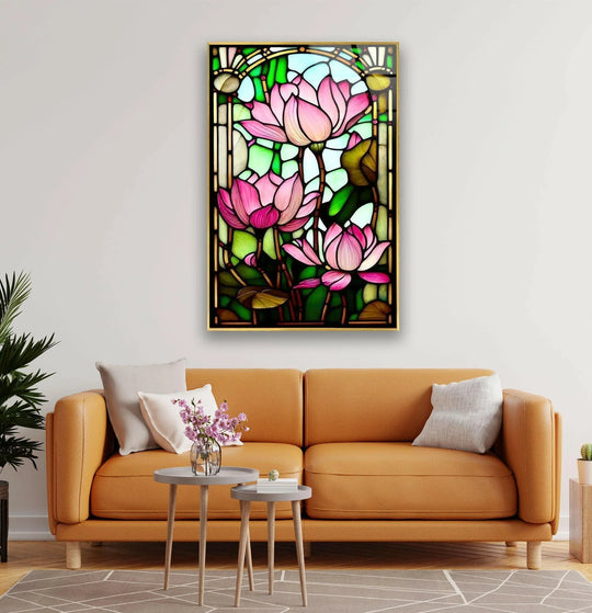 Soft pink water lily petals glow in this stained glass printing art piece with delicate detail.